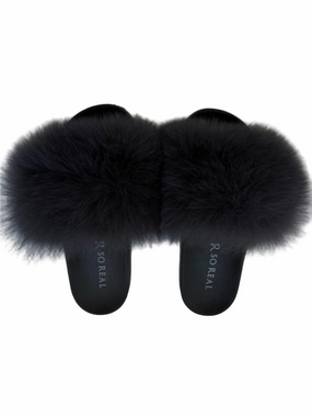 So Real Black Real Fur Slide Slippers Size 8-8.5 Plush Rubber Soles Soft